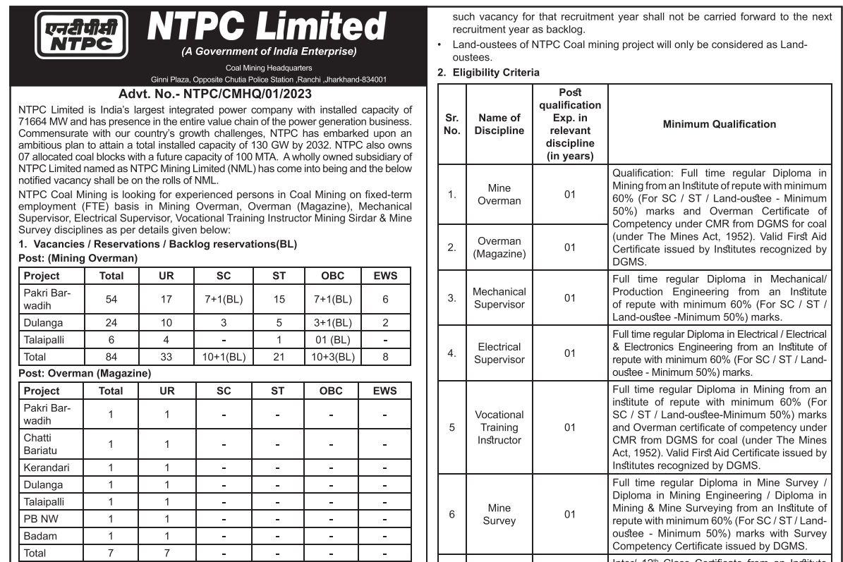 NTPC Recruitment 2023नेशनल थर्मल पावर कॉर्पोरेशन लिमिटेड में निकली