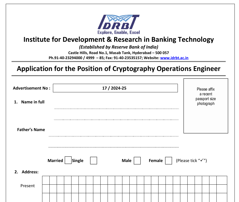 IDRBT Engineer Recruitment 2025 | IDRBT में Cryptography Operations Engineer (क्रिप्टोग्राफी ऑपरेशंस इंजीनियर) पद पर भर्ती Apply Now IDRBT Engineer Recruitment 2025 | IDRBT में Cryptography Operations Engineer (क्रिप्टोग्राफी ऑपरेशंस इंजीनियर) पद पर भर्ती Apply Now