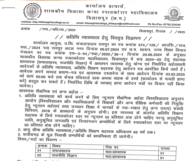 Government Bilasa Girls PG College Recruitment 2025 | शासकीय बिलासा कन्या स्नातकोत्तर महाविद्यालय, बिलासपुर (छ.ग.) में Guest Lecture पद पर भर्ती Apply Now