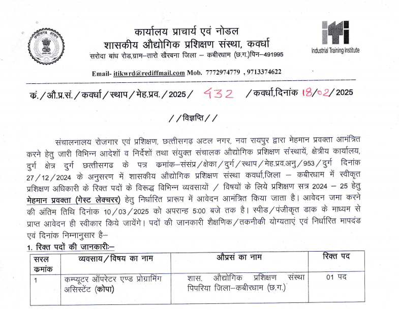 ITI Kawardha Recruitment 2025: आईटीआई कवर्धा में कंप्यूटर ऑपरेटर पद के लिए अधिसूचना जारी Apply Now ITI Kawardha Recruitment 2025: आईटीआई कवर्धा में कंप्यूटर ऑपरेटर पद के लिए अधिसूचना जारी Apply Now