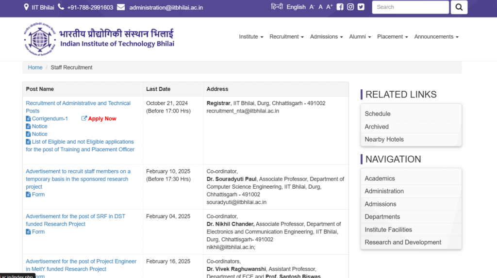 IIT Bhilai Recruitment 2025 | भारतीय प्रौद्योगिकी संस्थान (IIT) भिलाई भर्ती में प्रोजेक्ट इंजीनियर पद के लिए आवेदन करें IIT Bhilai Recruitment 2025 | भारतीय प्रौद्योगिकी संस्थान (IIT) भिलाई भर्ती में प्रोजेक्ट इंजीनियर पद के लिए आवेदन करें
