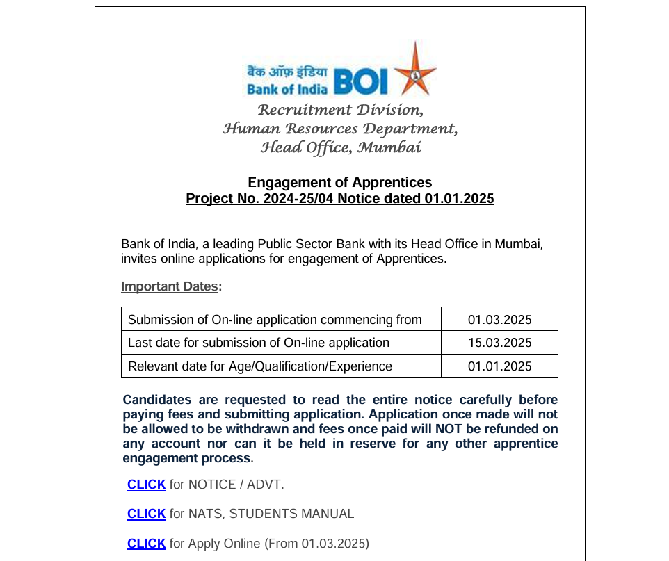 Bank of India Apprentice Recruitment 2025: बैंक ऑफ इंडिया 400 पदों पर भर्ती | Apply Now
